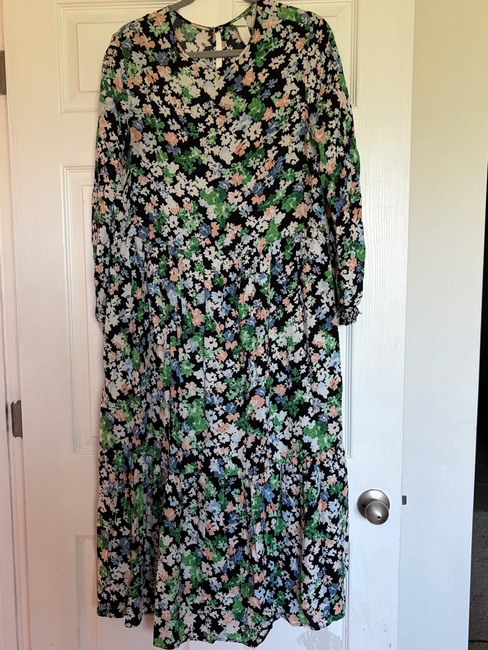 H&M Black Maxi Dress with Green, Light Blue and Blush Floral Print
